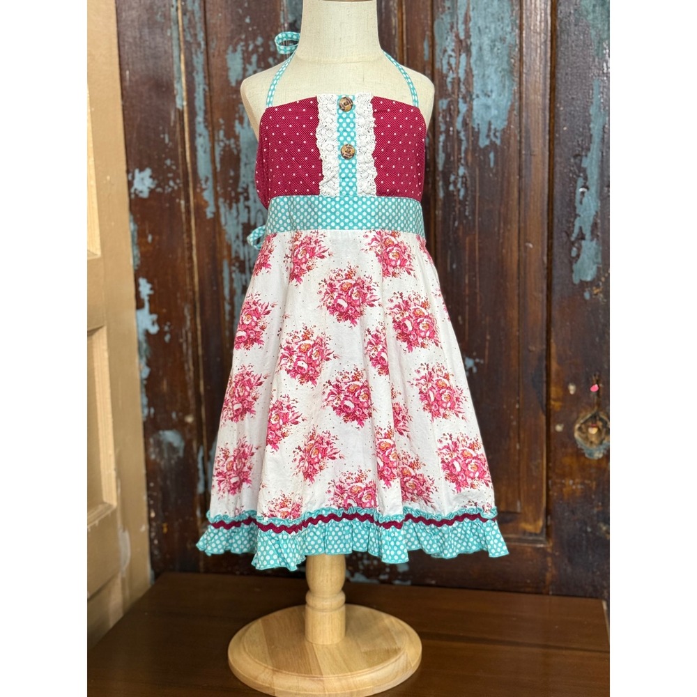 Oopsie Daisy Girls 5T Halter Dress‎ Floral Polka Dot Pink Turquoise Lace Ruffle